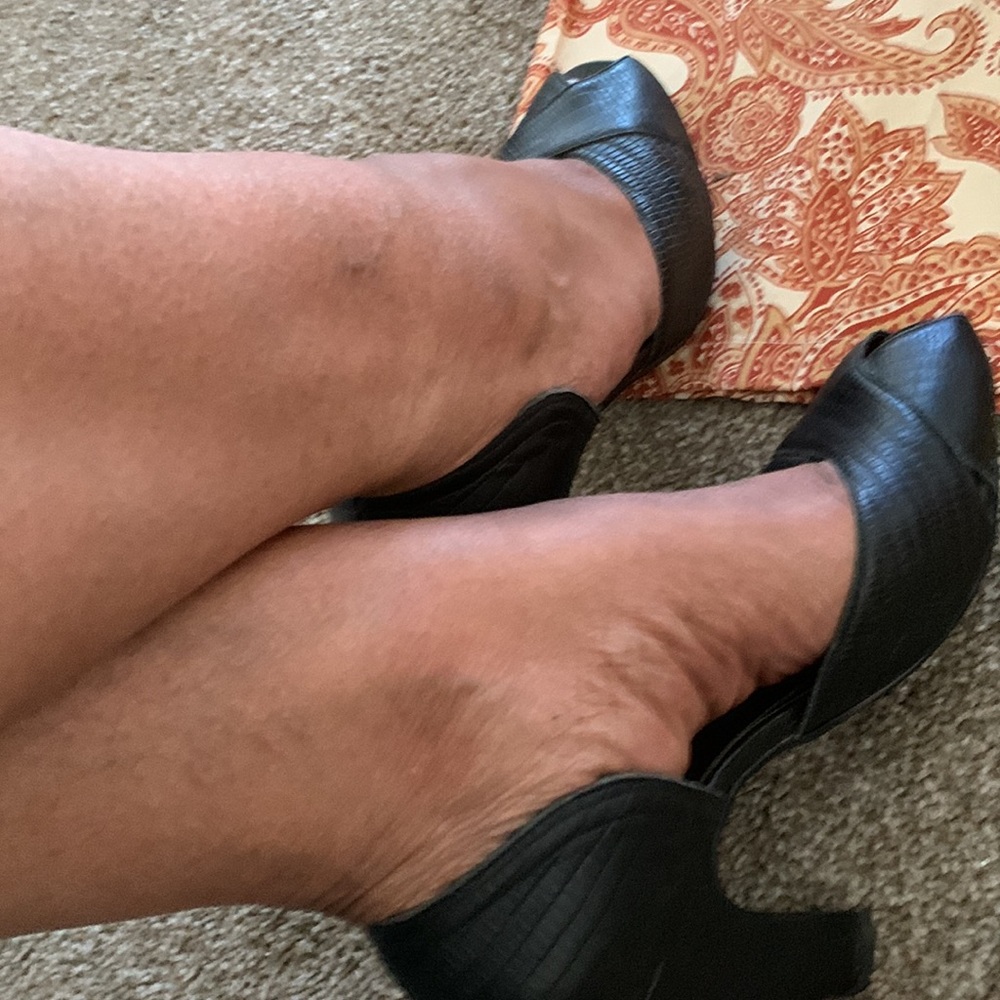 Genuine Reptile Patterned Leather, Peep Toe Chunky 3.5” Heels. Vintage Styled